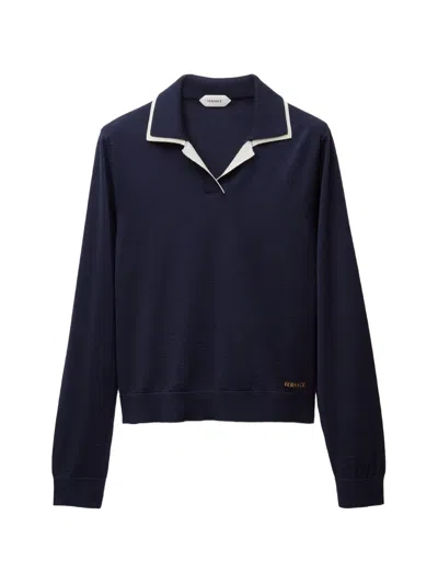 Versace Wool Knit Polo Sweater In Black