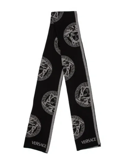 Pre-owned Versace Wool Medusa Insignia Scarf In Black