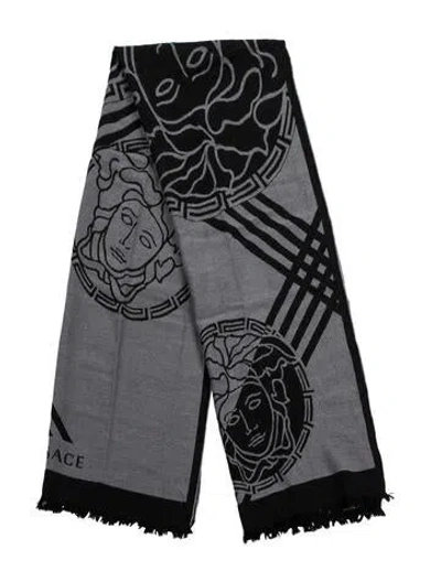Pre-owned Versace Wool Medusa Insignia Scarf In Gray