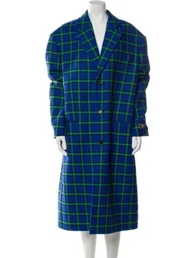Pre-owned Versace Wool Plaid Print Trench Coat In Blue