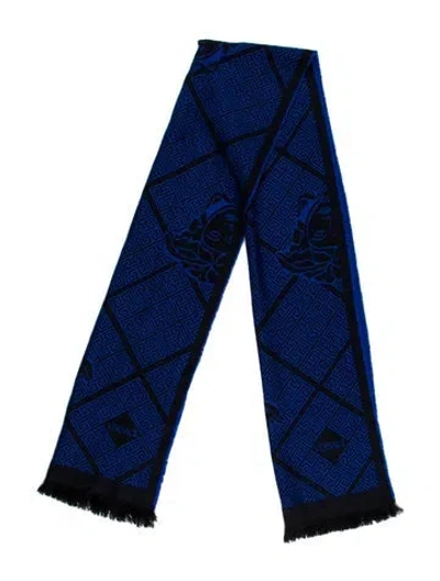 Pre-owned Versace Wool Printed Scarf In Blue