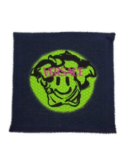 Pre-owned Versace Wool Printed Scarf W/ Tags In Blue