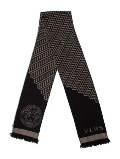 Pre-owned Versace Wool Signature Logo Scarf In Black