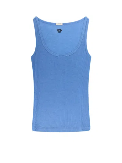 Versace Wool Tank Top With Back Logo In Blue