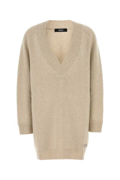 Versace Wool-cashmere Sweater Dress In Beige O Tan