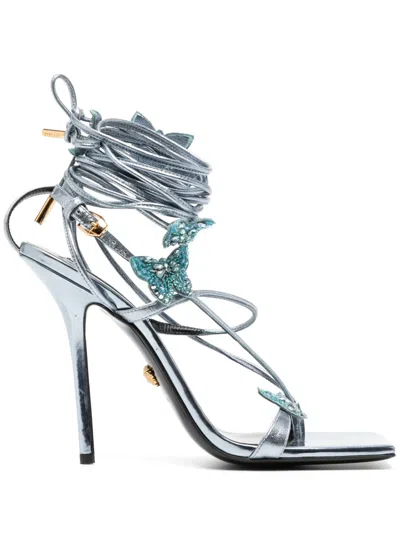 Versace X Dua Lipa Crystal Butterflies 115mm Metallic Sandals In Blue