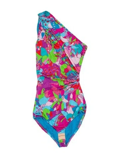 Pre-owned Versace X Dua Lipa Floral Print One-shoulder Bodysuit W/ Tags In Blue