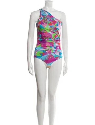 Pre-owned Versace X Dua Lipa Floral Print One-shoulder Bodysuit W/ Tags In Blue