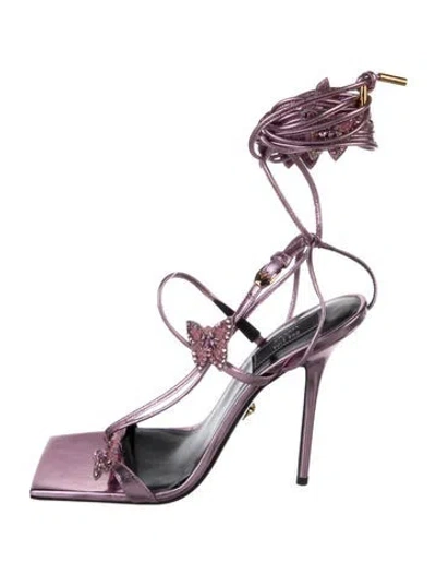 Pre-owned Versace X Dua Lipa Leather Crystal Embellishments Gladiator Sandals In Purple