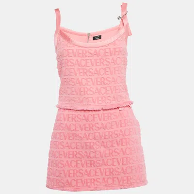Pre-owned Versace X Dua Lipa Pink Monogram Terry Pin Embellished Skirt And Top Set S