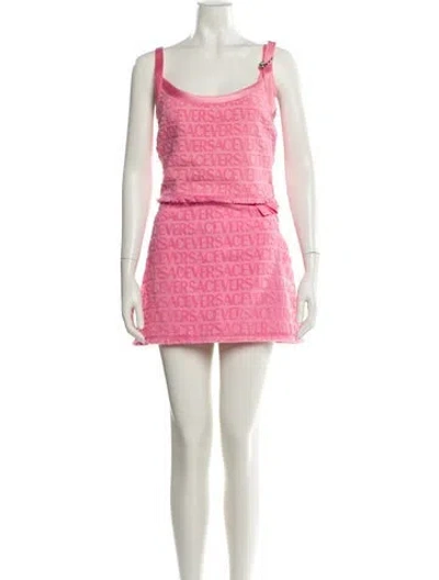 Pre-owned Versace X Dua Lipa Printed Fringe Trim Accent Skirt Set In Pink