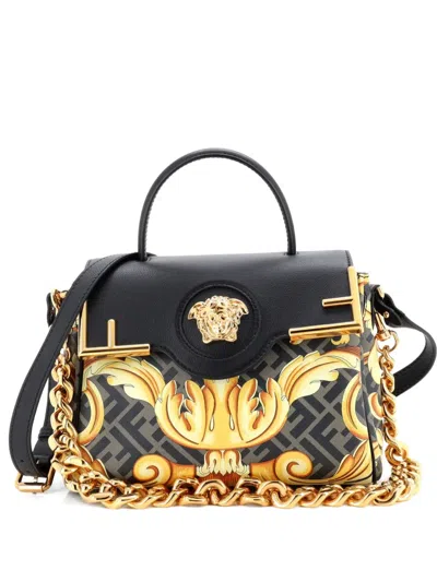 Pre-owned Versace X Fendi Fendace La Medusa Top Handle Bag Printed Laminated Leather With Leather Medium Satchel In Black