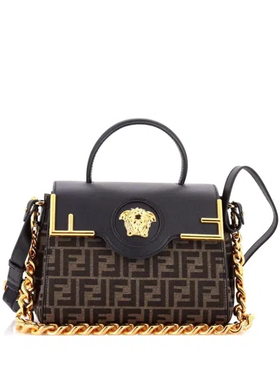 Pre-owned Versace X Fendi Fendace La Medusa Top Handle Bag Zucca Canvas And Leather Medium Satchel In Black