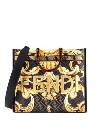 Pre-owned Versace X Fendi Fendace Sunshine Shopper Printed Zucca Jacquard Medium Tote Bag In Black