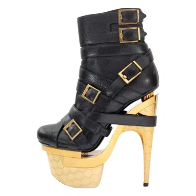Pre-owned Versace X Haas Brothers Triple Platform Black Leather Bondage Ankle Boots 38 - 8