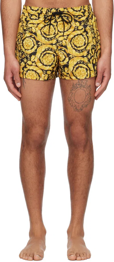 Versace Yellow & Black Barocco Swim Shorts In A7900-gold + Print