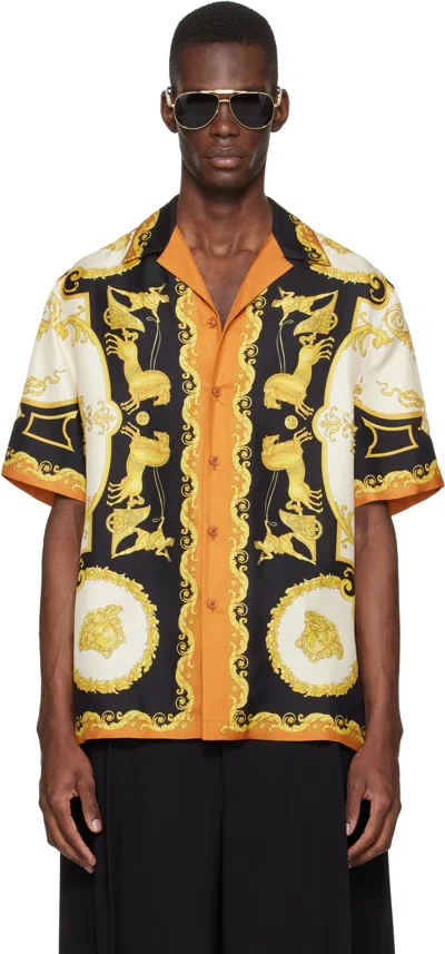 VERSACE YELLOW & BLACK PRINTED SILK TWILL REGULAR SHIRT