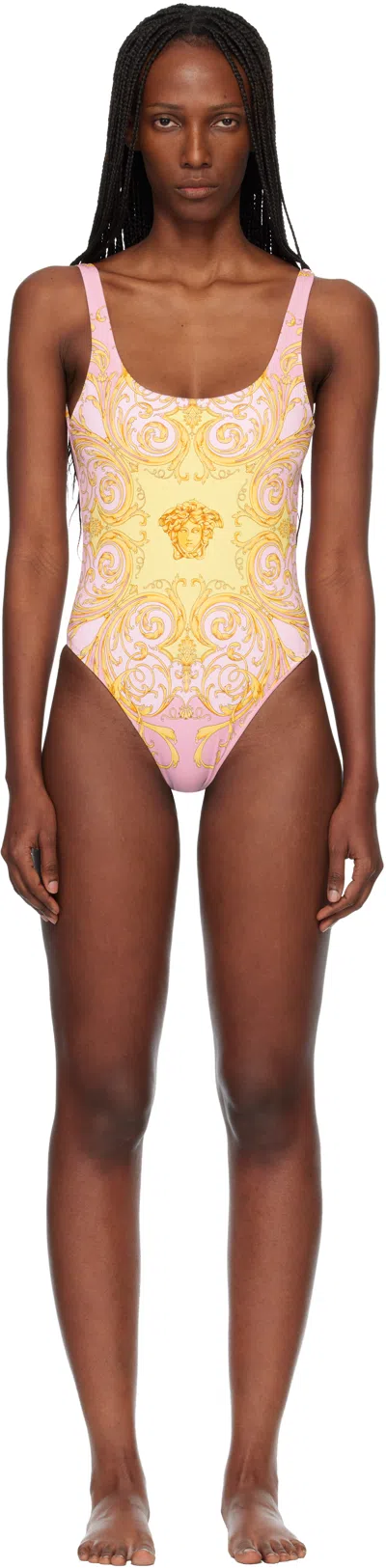 Versace Multicolor One-piece Swimsuit With All-over Medusa Print In Stretch Fabric Woman In Gold