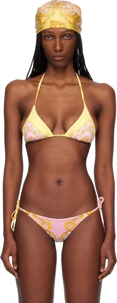 Versace Yellow & Pink Printed Triangle Bikini Top In Orange