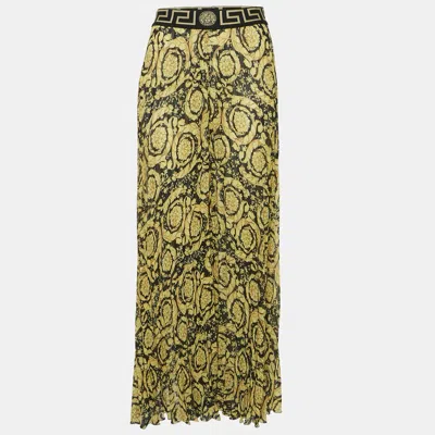 Pre-owned Versace Yellow Baroque Print Chiffon Pleated Wide Leg Pants M