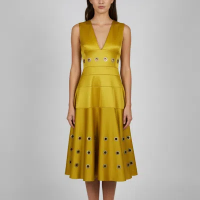 Pre-owned Versace Yellow Canvas Rivet Detail Midi Dress S