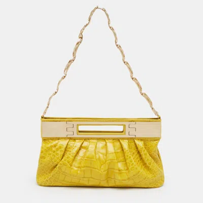 Pre-owned Versace Yellow Croc Embossed Leather Frame Chain Clutch