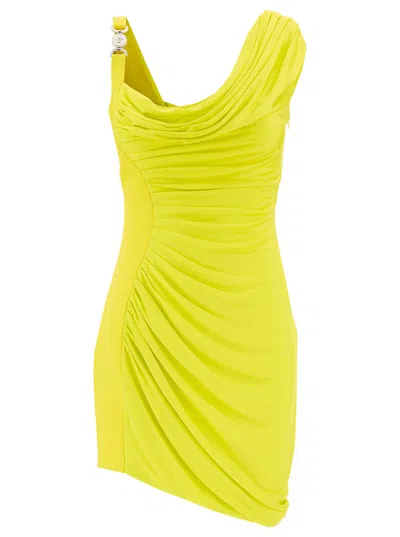 Versace Asymmetric Embellished Draped Jersey Mini Dress In Mimosa