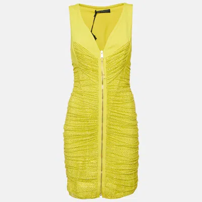 Versace Yellow Embellished Tulle And Jersey Ruche Mini Dress