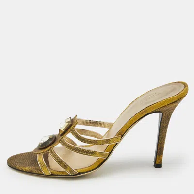Pre-owned Versace Yellow Lizard Embossed Leather Crystal Embellished Slide Sandals Size 38