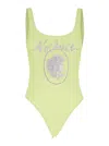 Versace Yellow One-piece Swimsuit With Medusa Print And Logo Lettering On The Front In Yellow