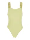 Versace Yellow One-piece With Shoulder Straps With Greca Motif And Square Neck In Tech Fabric Stretch Woman In Yellow