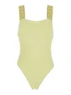 Versace Yellow One-piece With Shoulder Straps With Greca Motif And Square Neck In Tech Fabric Stretch Woman In Yellow