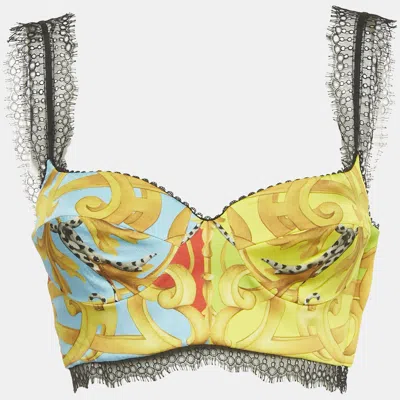 Pre-owned Versace Yellow Printed Lace Detaiil Bralette S
