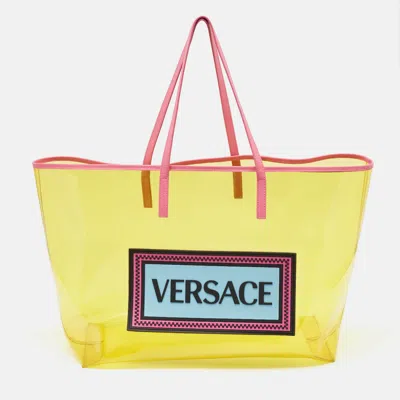 Pre-owned Versace Yellow Pvc And Leather 90s Logo Shopper Tote