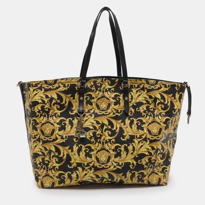 Pre-owned Versace Yellow/black Barocco Print Coated Canvas Tote