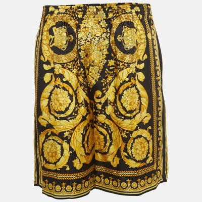 Pre-owned Versace Yellow/black Barocco Print Silk College Fit Shorts S