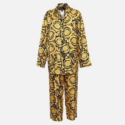 Pre-owned Versace Yellow/black Barocco Print Silk Pajama Set L