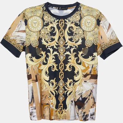 Pre-owned Versace Yellow/black Baroque Print Cotton Crew Neck T-shirt M