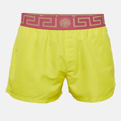 Pre-owned Versace Yellow/pink Greca Border Synthetic Swim Shorts M