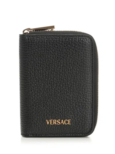 Versace Zip Around Wallet L Calf Leather In Black