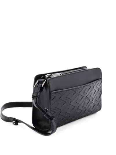 Pre-owned Versace Zip La Greca Embossed Leather Small Crossbody Bag In Black