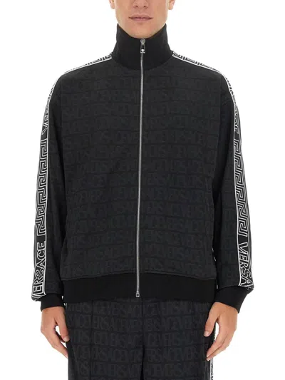 Versace Allover-pattern Cotton Track Jacket In Black