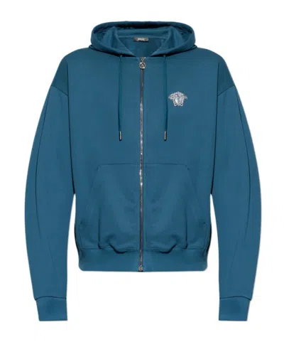 Versace Zip-up Drawstring Hoodie In Blue