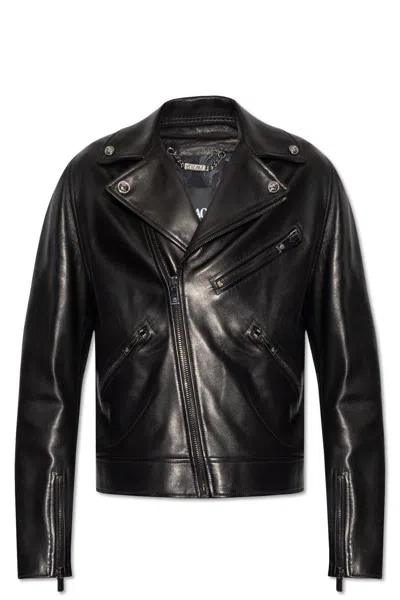 Versace Zip-up Leather Biker Jacket In Black