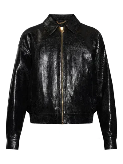Versace Python Embossed Leather Jacket In Black