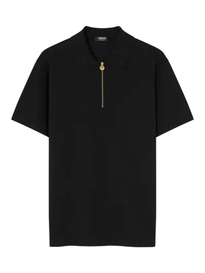 Versace Medusa Biggie Zip Polo T-shirt In Black