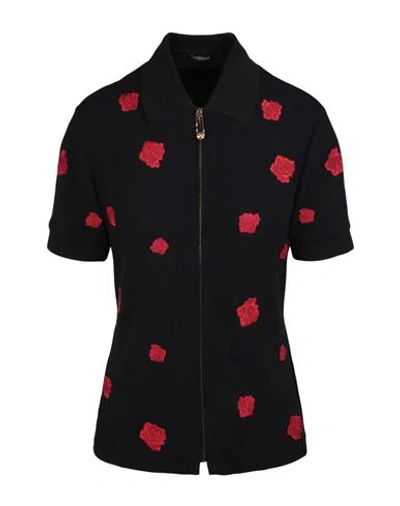 Versace Zip Up Rose Embroidered Short Sleeve Shirt In Black
