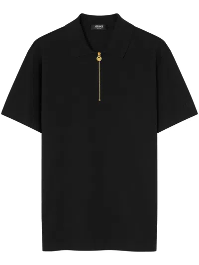 Versace Medusa Biggie Zip Polo T-shirt In Black