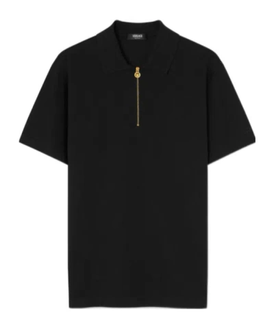 Versace Medusa Biggie Zip Polo T-shirt In Black