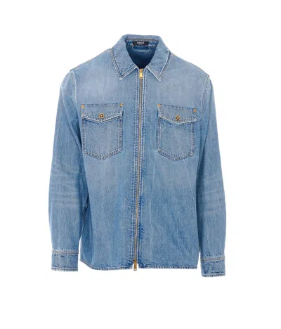 Versace Zipped Denim Shirt In Blue